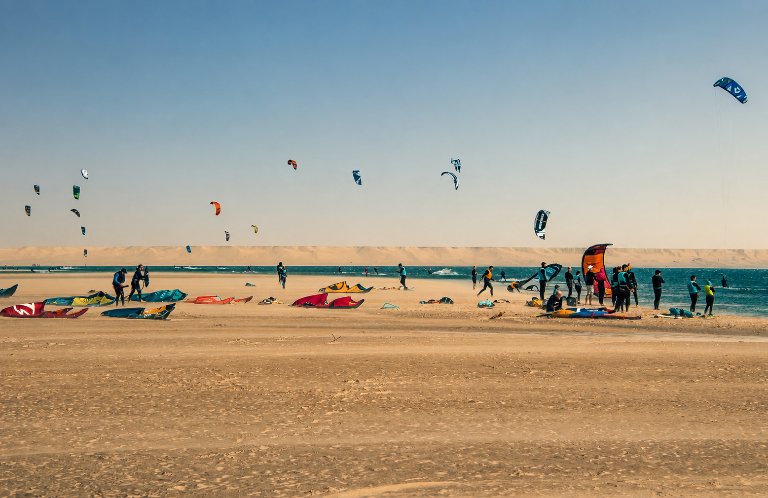 Kitesurfers and colorful kites on the Dakhla lagoon in Morocco